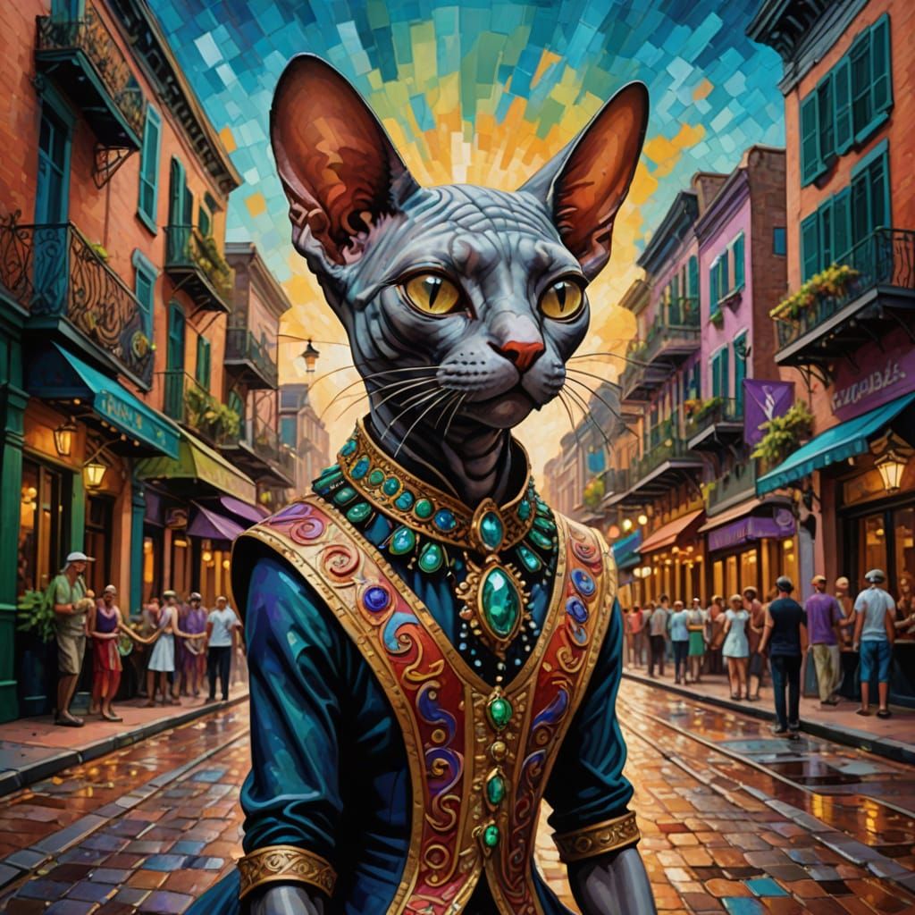 Vibrant Sphinx Cat Dances in Mardi Gras Luxury