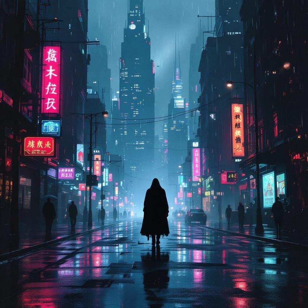 Mysterious Shadow Figure on Futuristic City Street