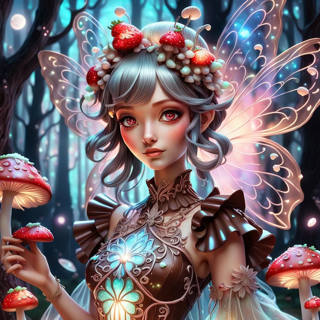 Chocolate Strawberry Fairy in Whimsical Forest, 3D Anime Art