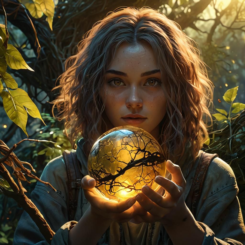 Mystical Girl with Amber Orb in Fantasy World