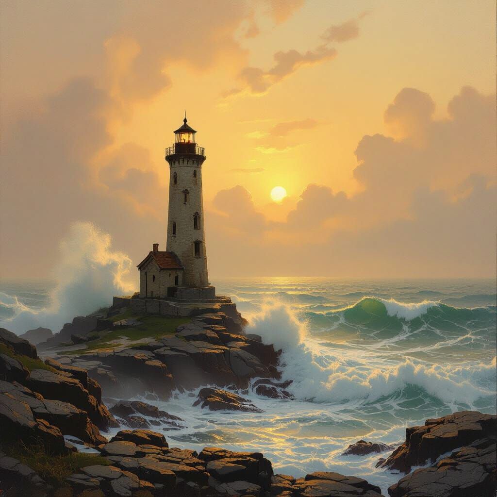 Lighthouse on Rocky Coastline in Romantic Style