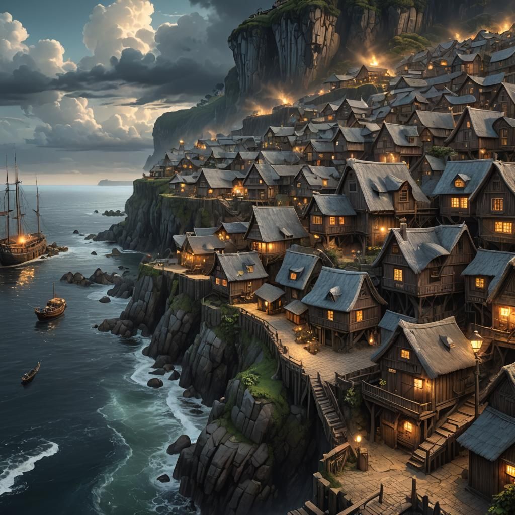 Quaint Seaside Village Concept Art in Dark Fantasy Style
