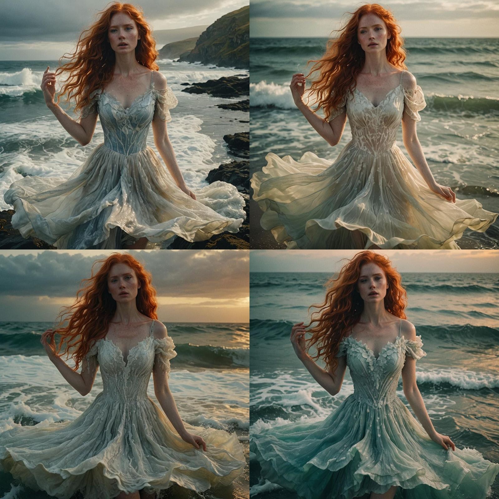 Red-Haired Nymph in Water Dress: Cinematic Still