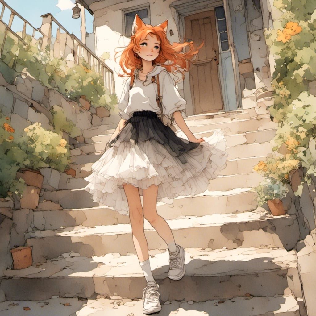 Fox-girl VIXEN freckles across her nose, wearing a tulle skirt, cute sneakers, walking down a house stairway