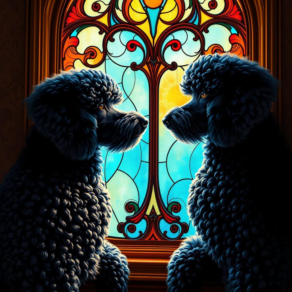 Elegant Poodles Amidst Vibrant Stained Glass