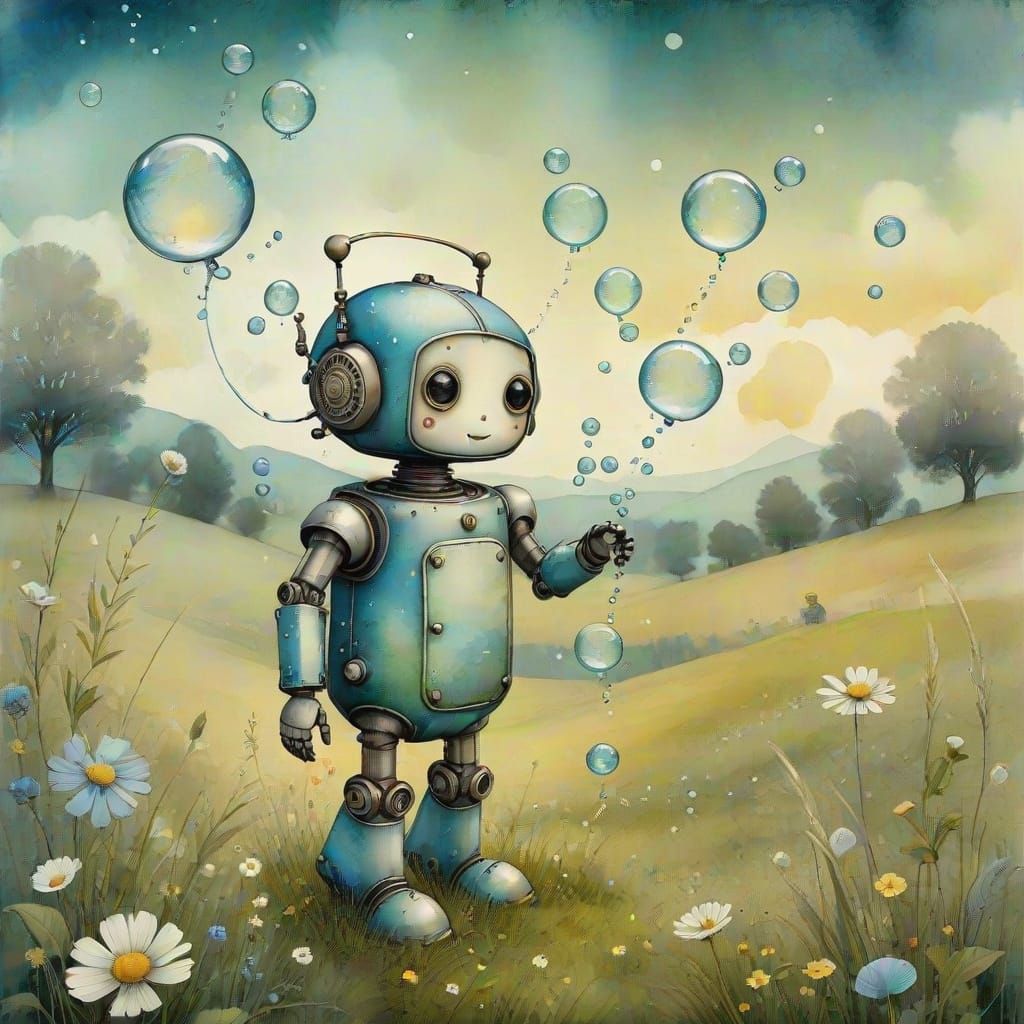 Robot's Bubble Meadow: Whimsical Watercolor Art