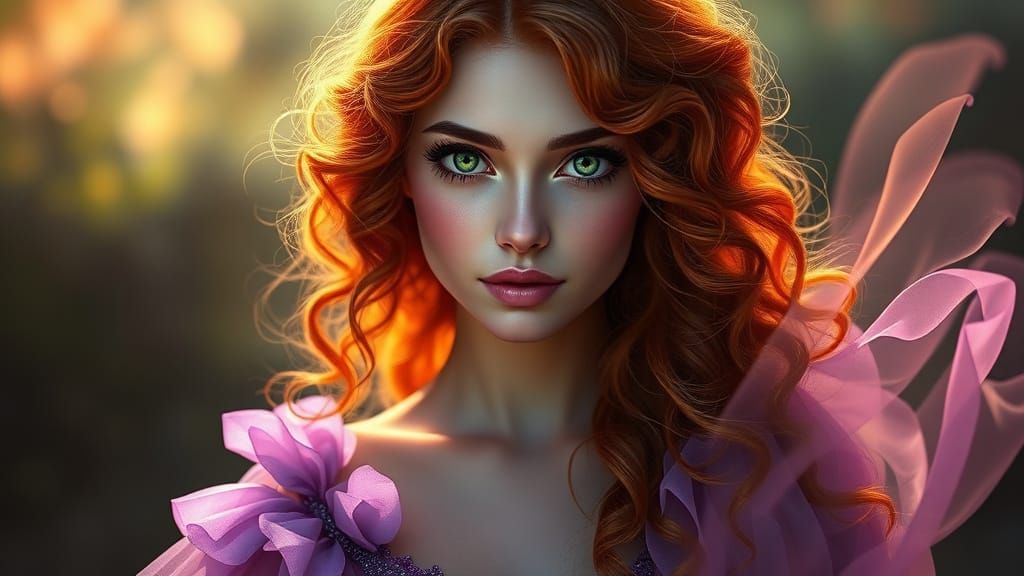 Ethereal Redhead Woman in Violet Gown