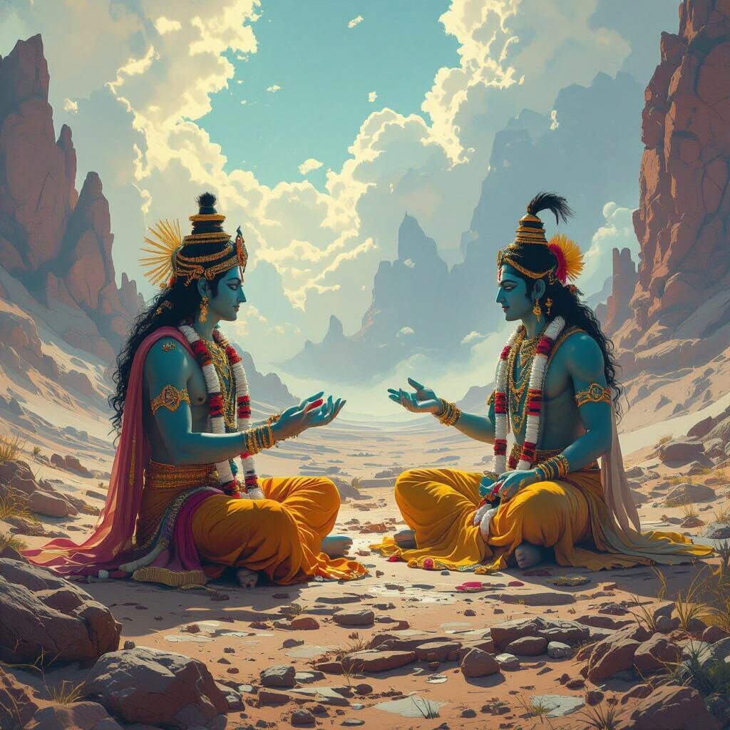 Brahma, Vishnu, and Narada in Cosmic Debate