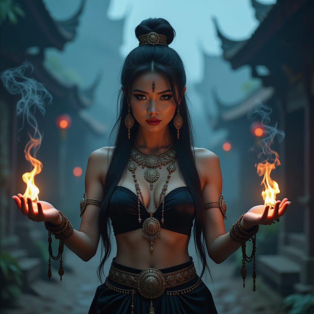 Thai Sorceress Commands Spirits in Dark Fantasy Village