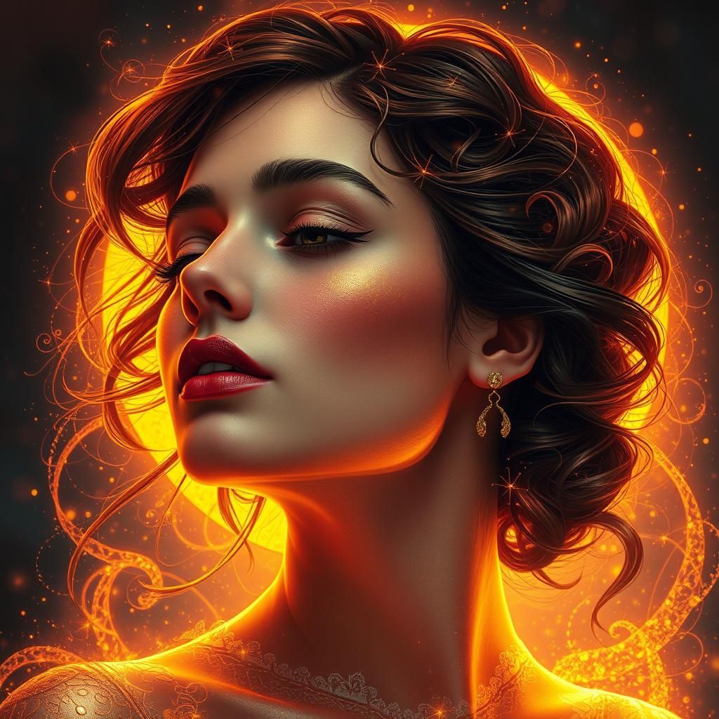 Woman Radiating Golden Light in Art Nouveau Style