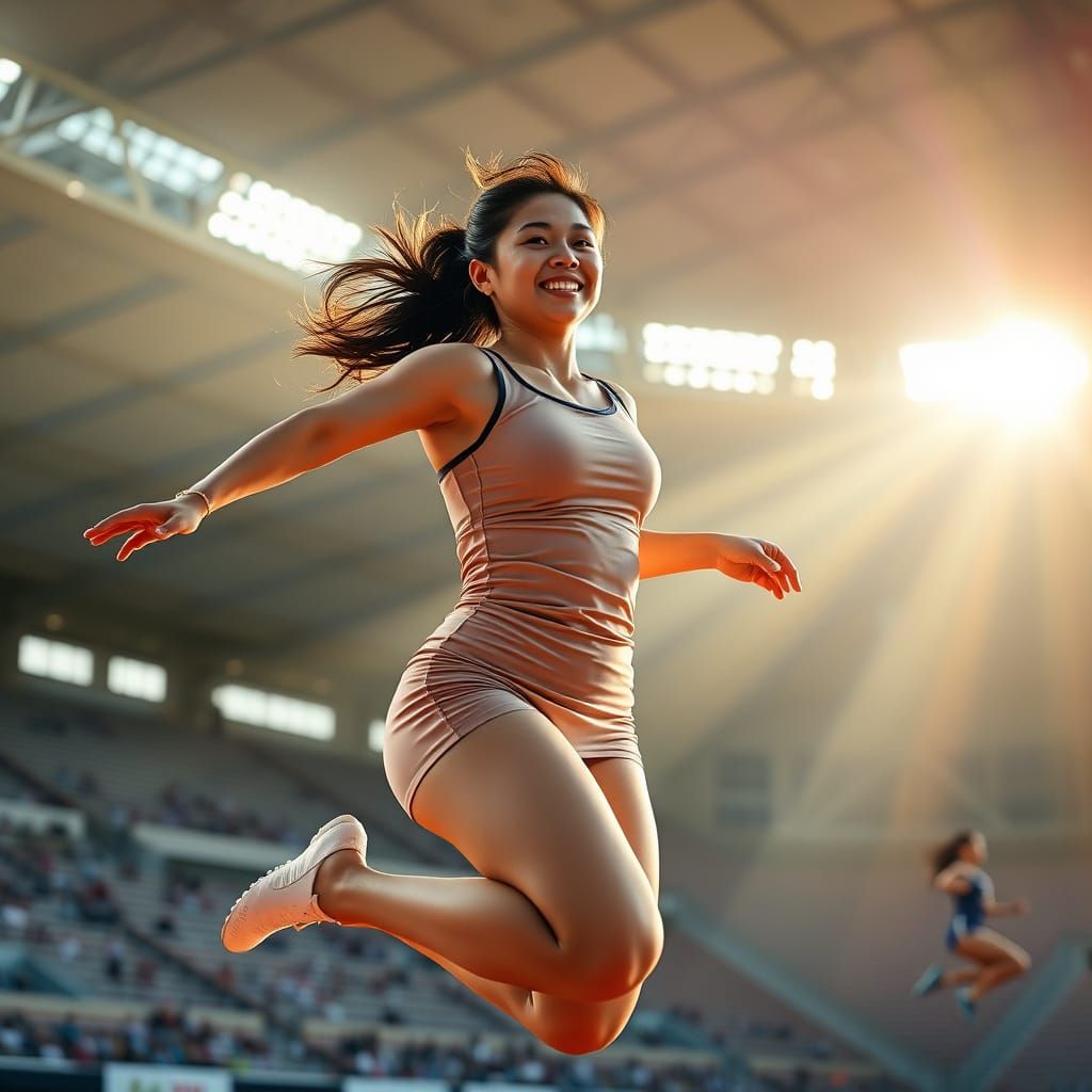 Taiwanese Woman Mid-Leap in Hyperrealistic High Jump Photo