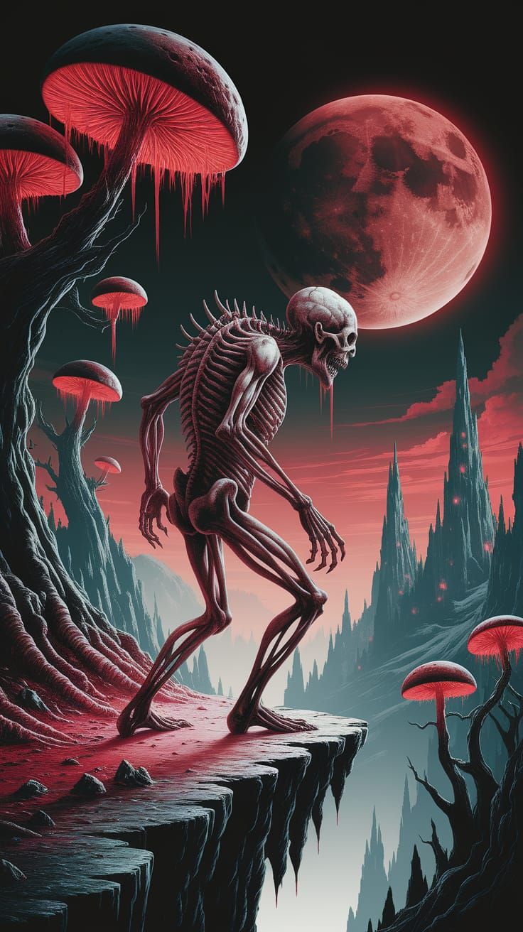 Bone Demon Overlooking Abyss in Grotesque Horror Style