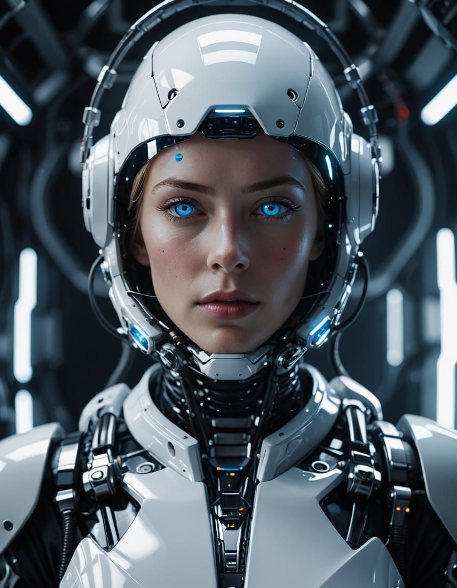 Futuristic Robot Face in Glossy White Spacesuit