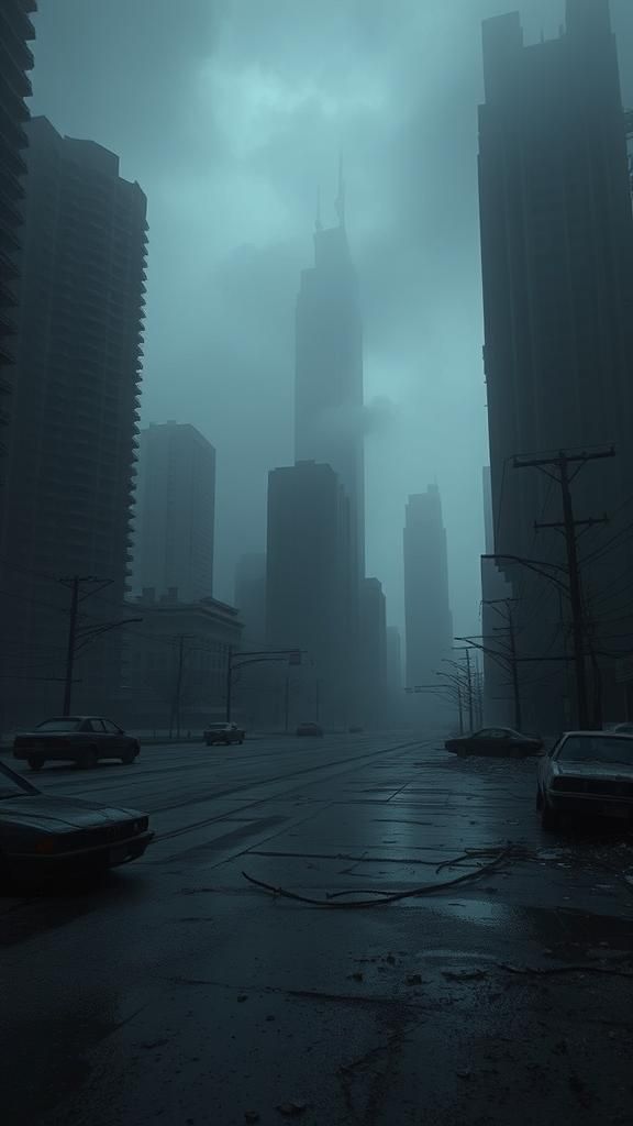 Eerie Post-Apocalyptic City in Fog, Cinematic Style