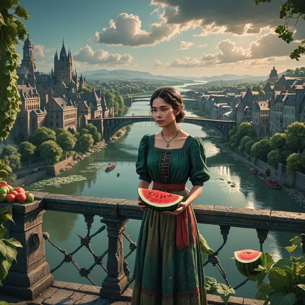 Woman with Watermelon on Bridge: Fantasy Concept Art