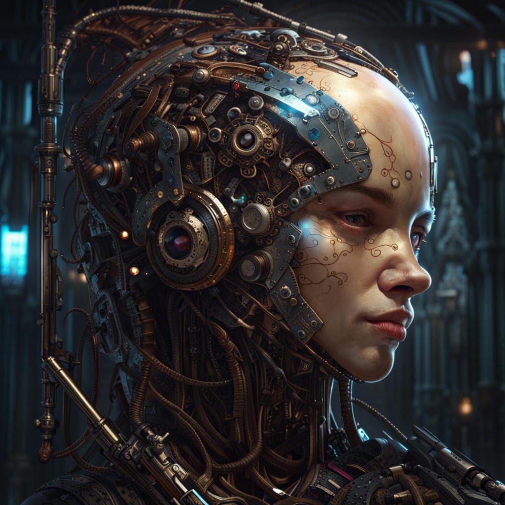 Detailed Open Cyborg Head in Dark Fantasy Style