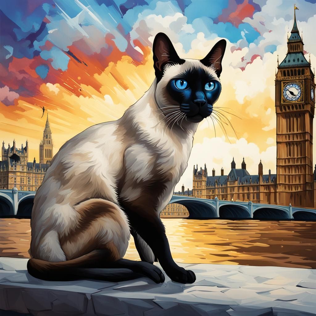 Siamese Cat in London: Hyperrealistic Splash Art