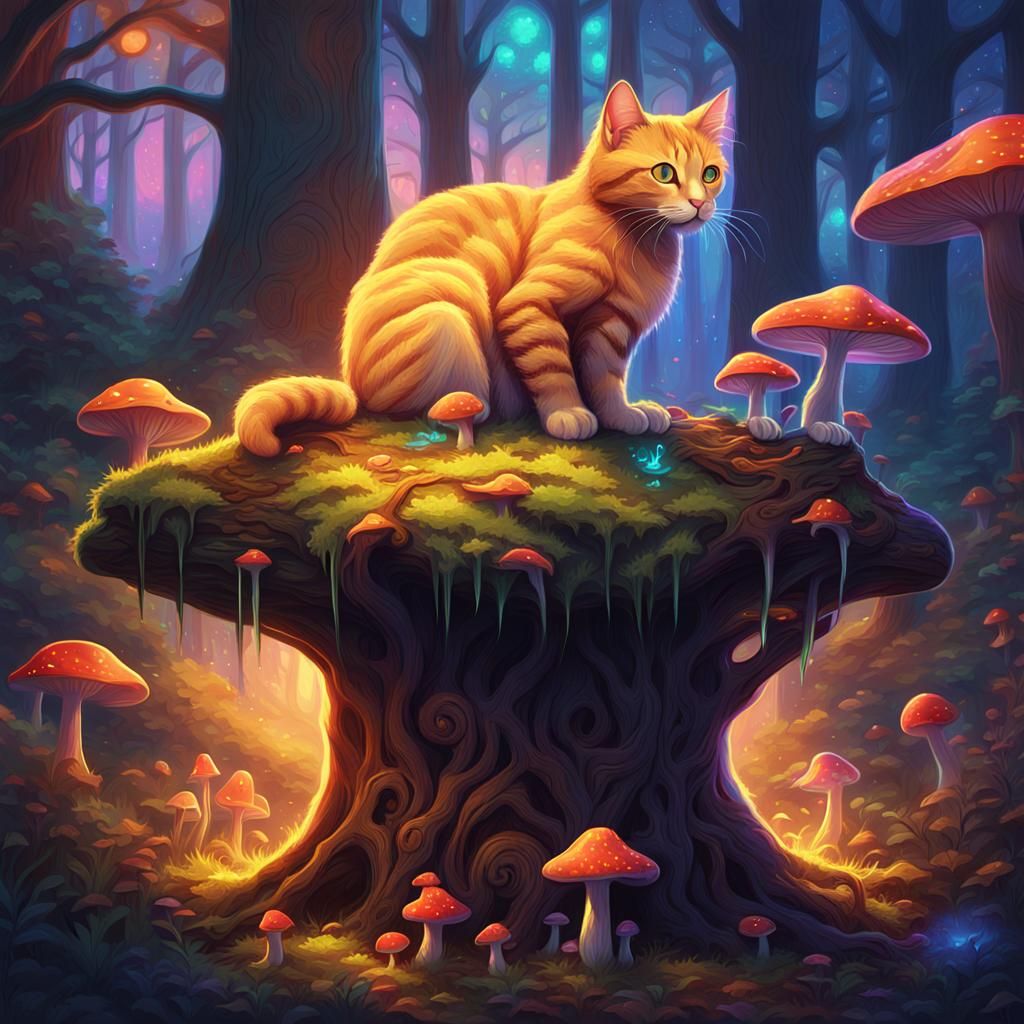 Mystical Cat on Glowing Stump in Fantasy Art