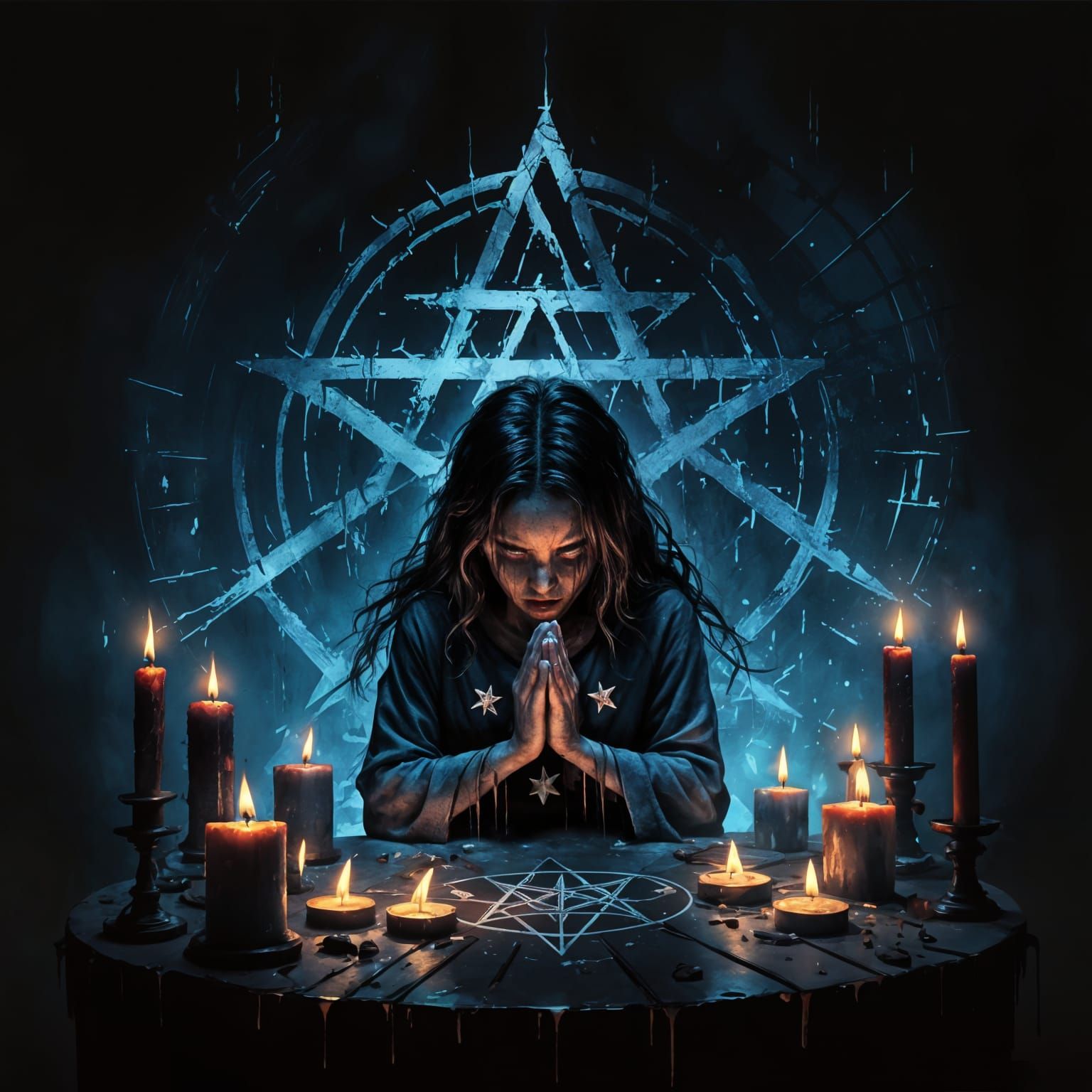 Threatening Horror Girl Praying in Pentagram, Hyperdetailed ...