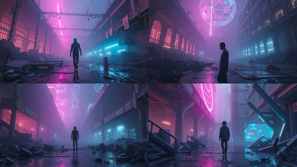 Neon Ruins: Cyberpunk Scene with Lone Figure