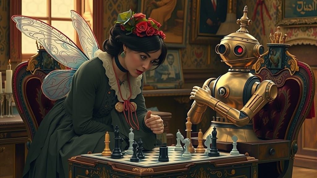 Fairy and Robot Chess Game in Retrofuturistic Style