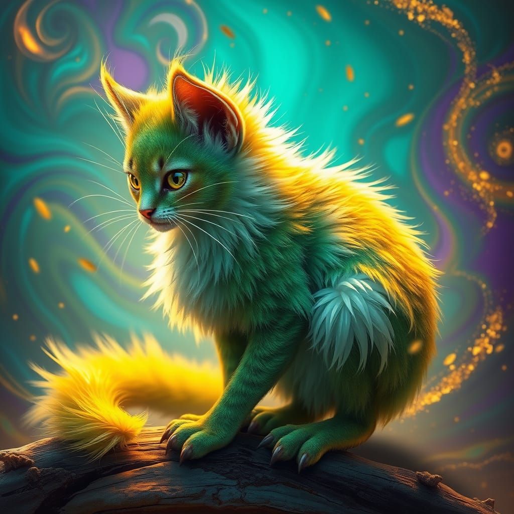 Iridescent Kiwi-Feline Hybrid in Dreamlike Landscape