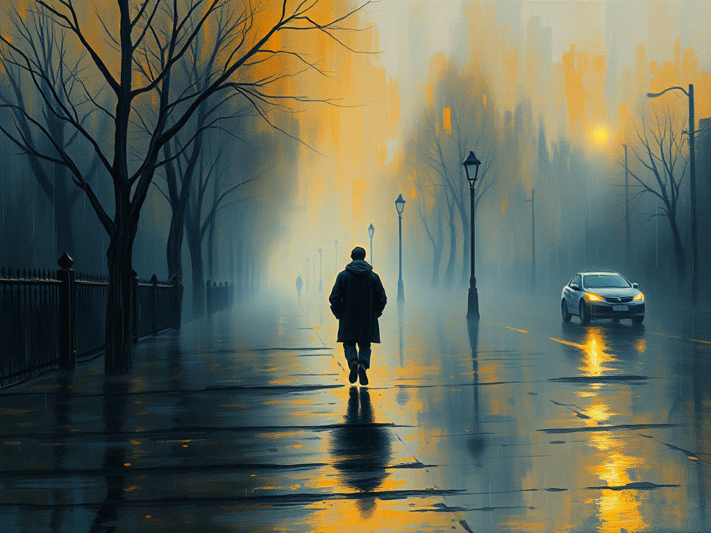 Solitary Figure in Rainy Autumn Landscape, Impressionist Sty...