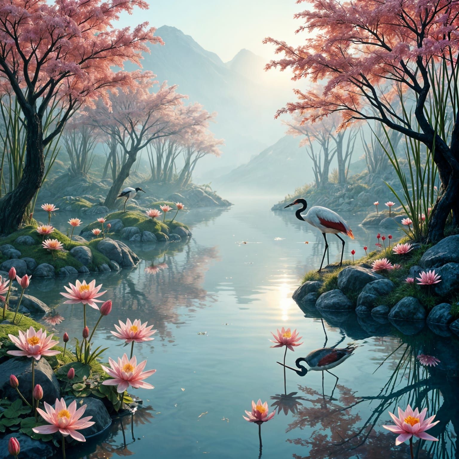 Red-Crowned Cranes in a Chinese Landscape Painting