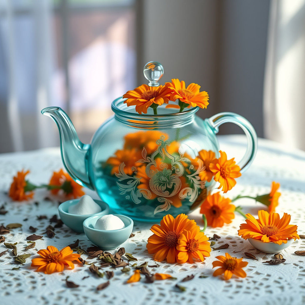 Turquoise Teapot with Marigolds in Watercolor Style