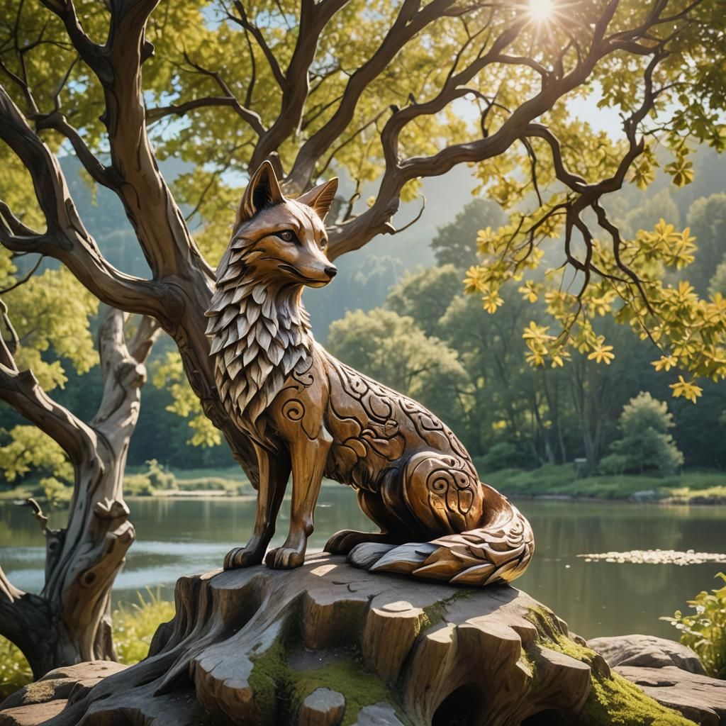 Whimsical Fox Sculpture by Lake in Sunlight