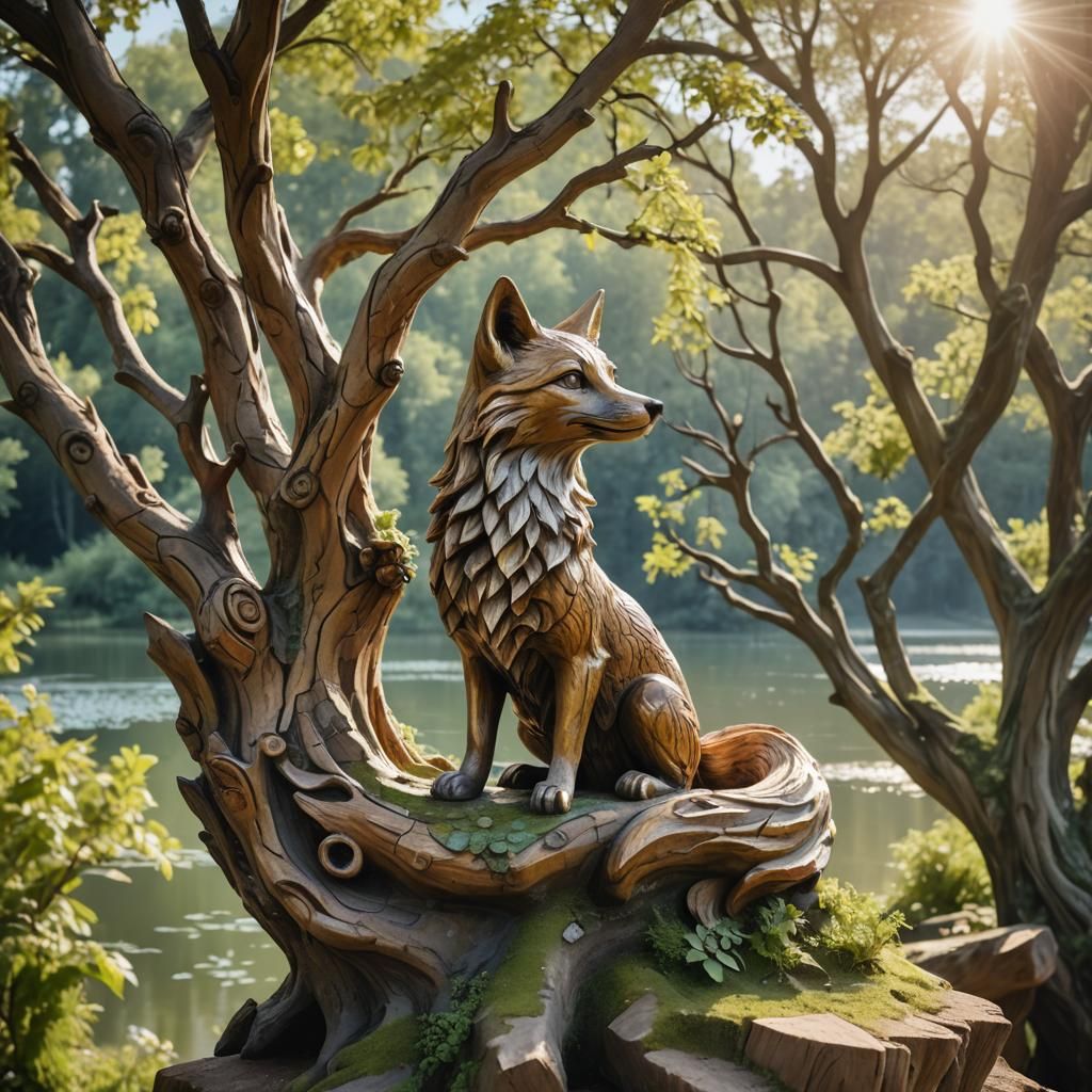 Whimsical Fox Tree Sculpture with Lake Background