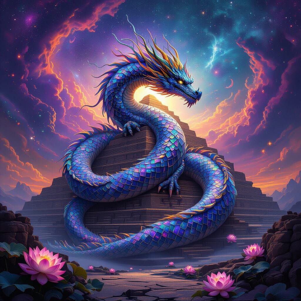 Cosmic Dragon Coiled Around Ancient Pyramid in Surreal Style