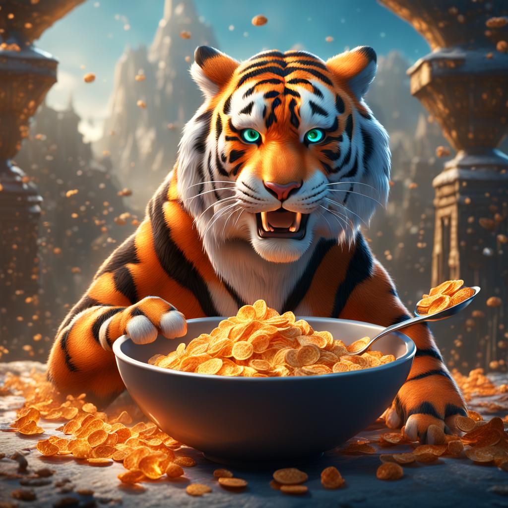 Tiger Enjoys Cereal: Detailed Digital Matte Painting