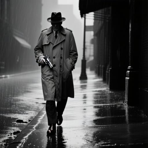 Man Walks Down Dark Street with Machine Guns