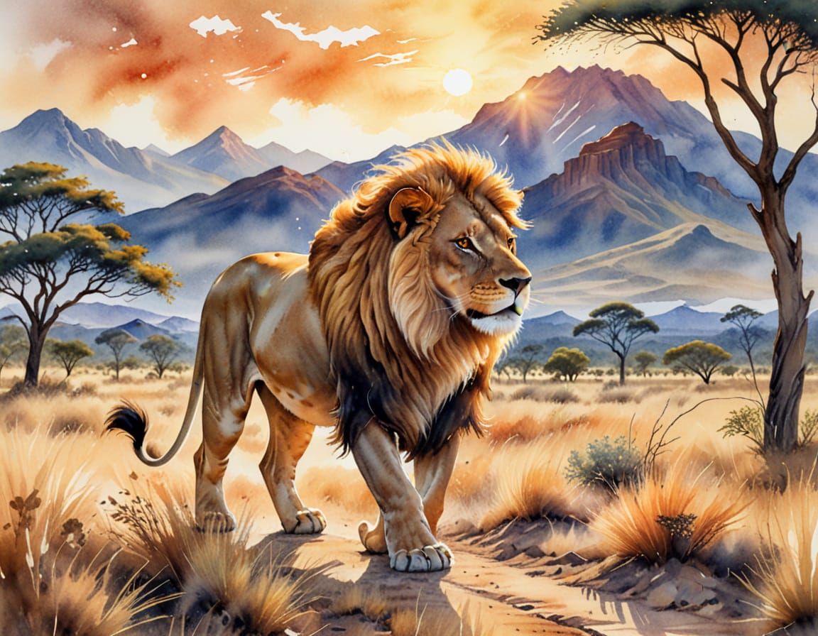 Lion with Glowing Mane in Watercolour Painting