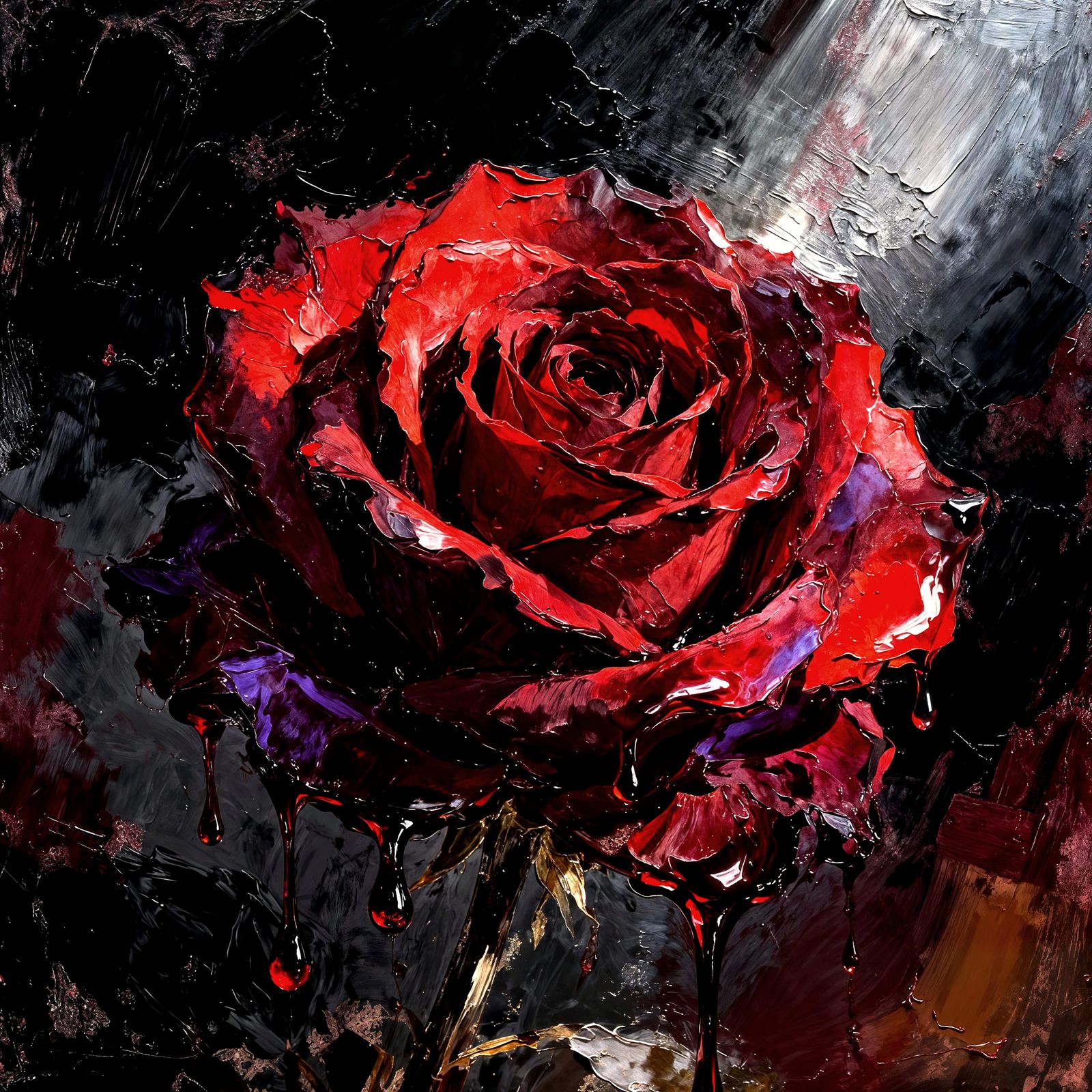 Dark Red Rose Dripping Wine Impasto Oil Painting