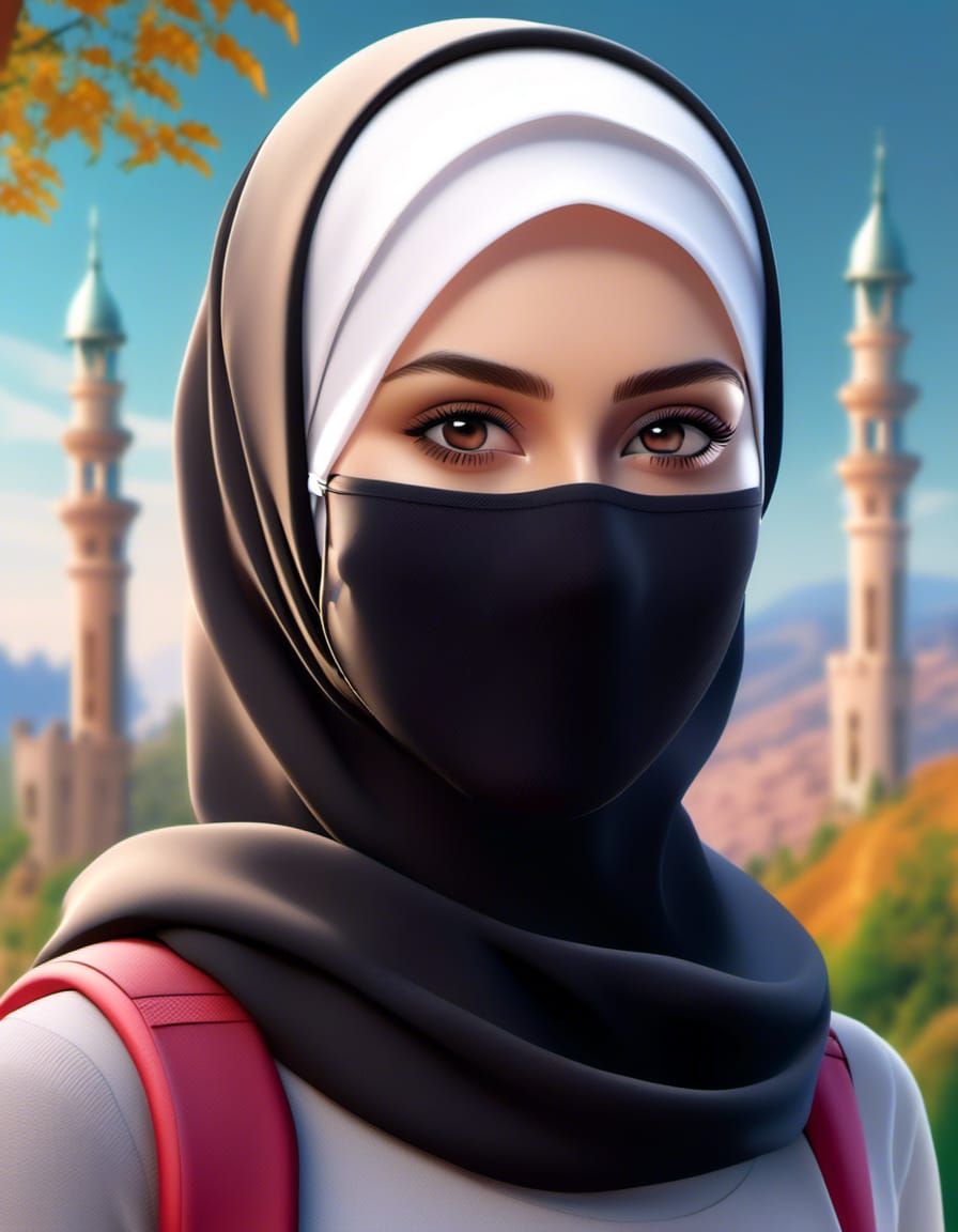 European Woman in Hijab and Facemask Digital Art