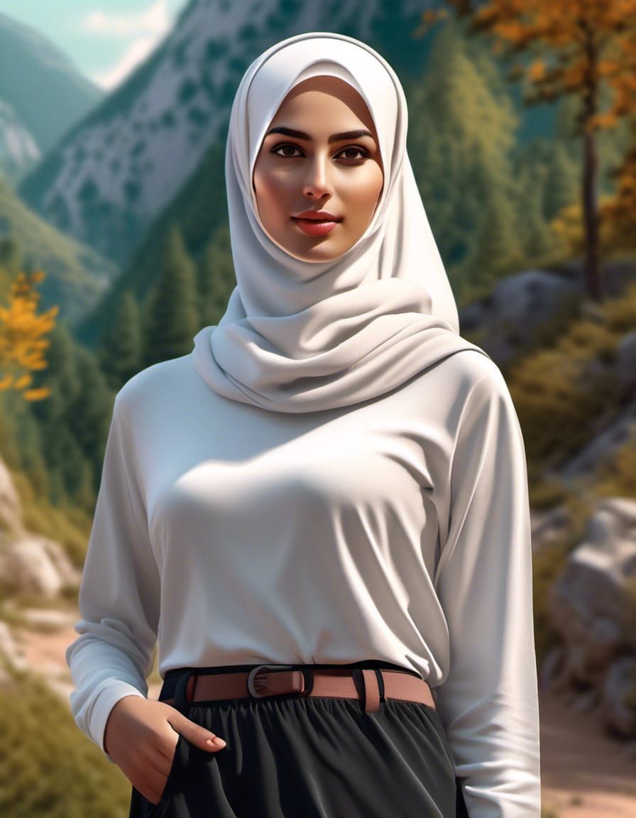 European Woman in Hijab Hiking Outfit: Digital Art