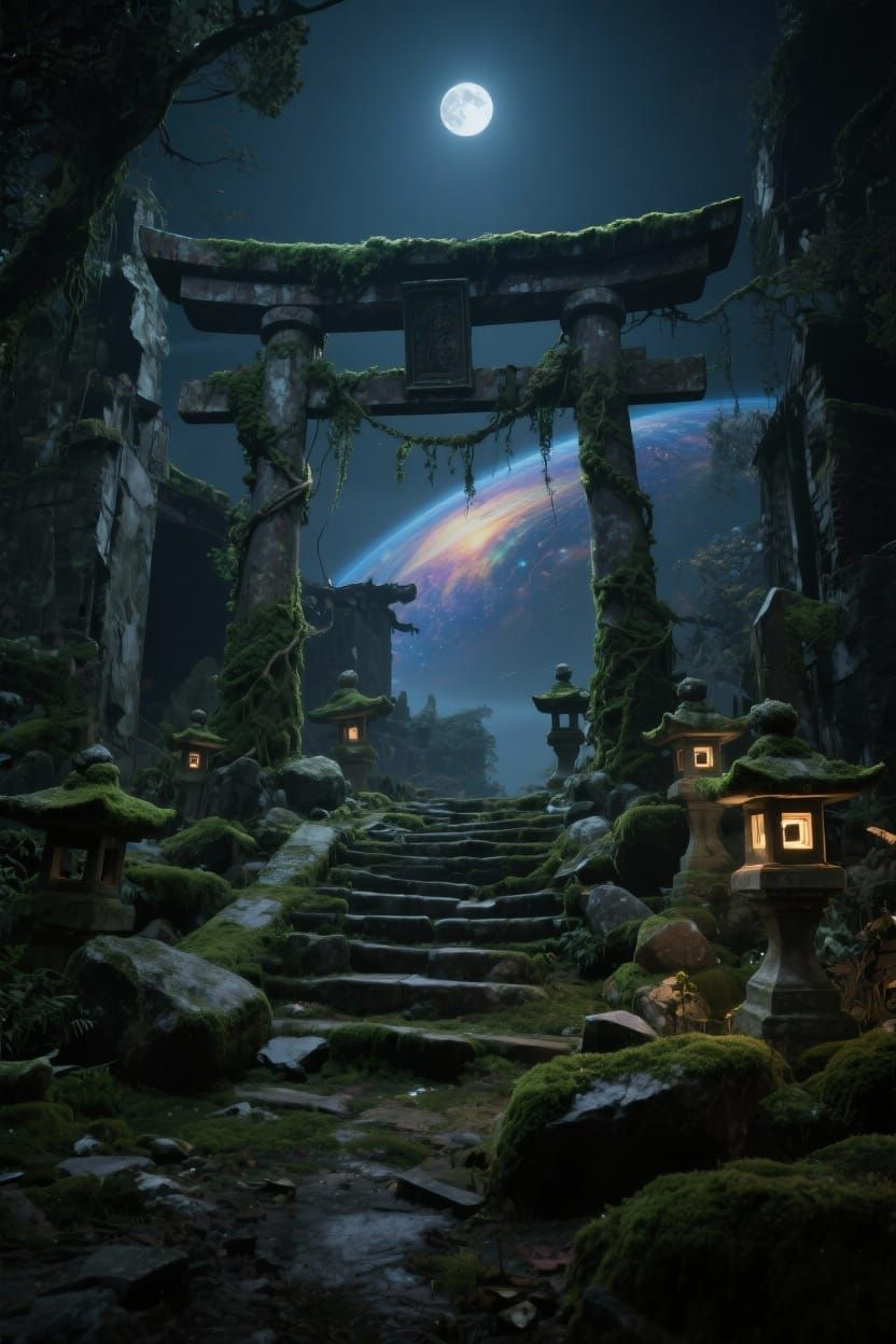 Moonlit Torii Gate Overlooking Solar System in Ruins