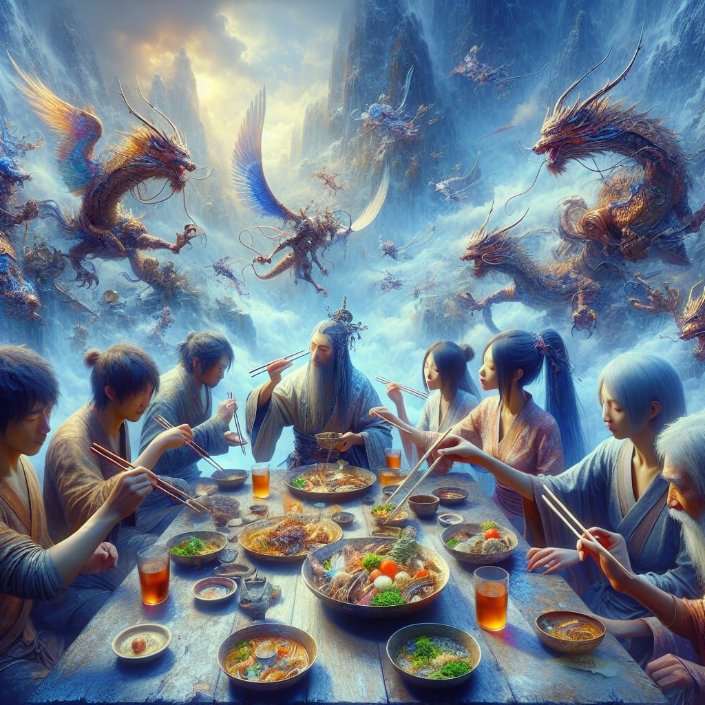 East Asians Dining with Chopsticks in Fantasy Art