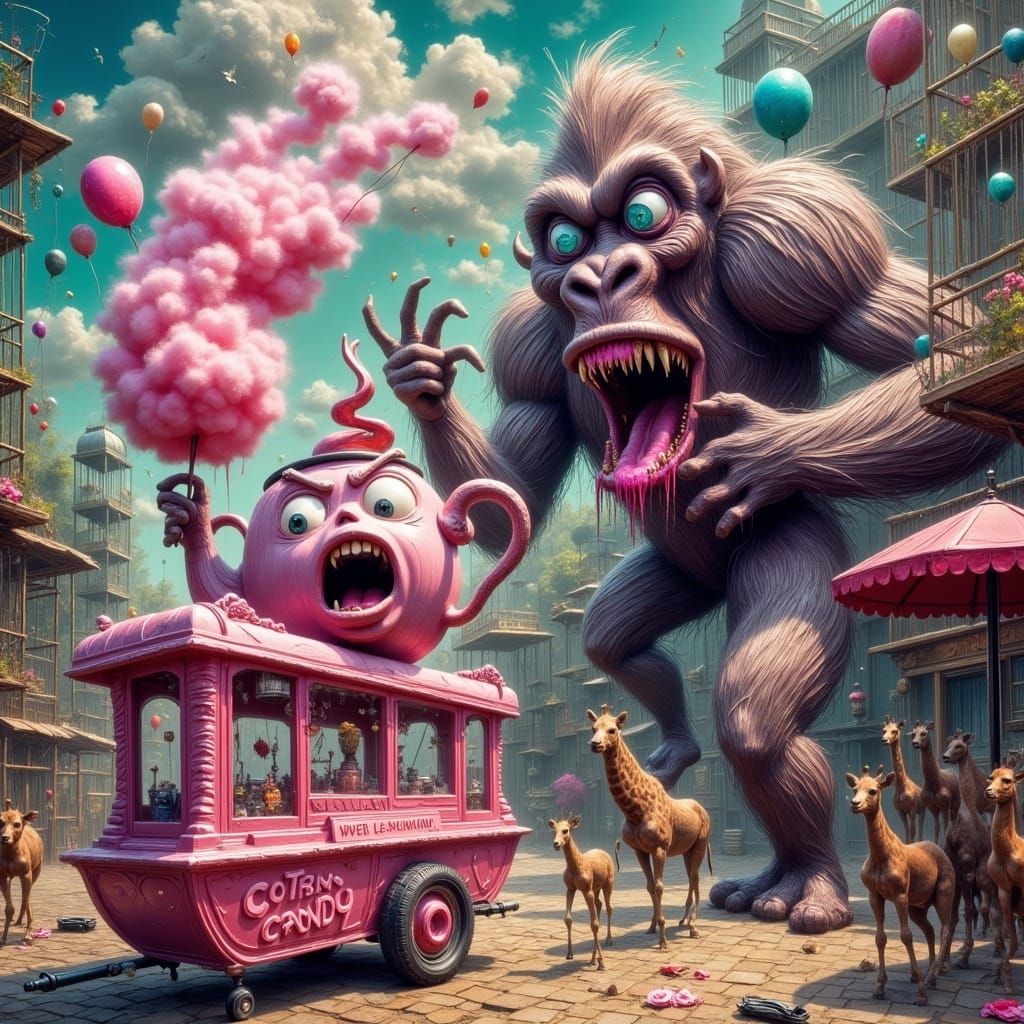 Terrified Teapot on Cotton Candy Kiosk Under Gorilla Shadow