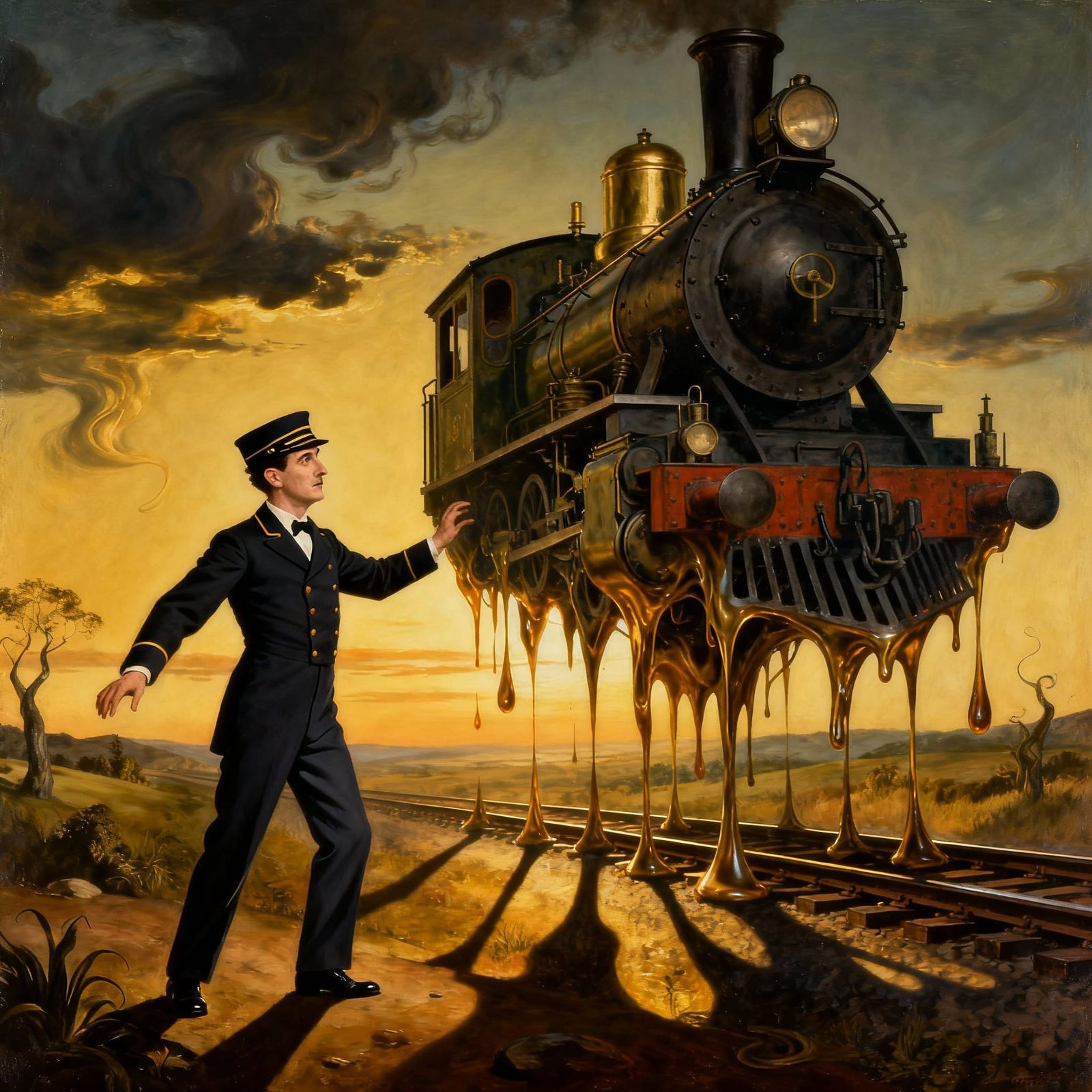 Buster Keaton and Melting Train in Surreal Landscape