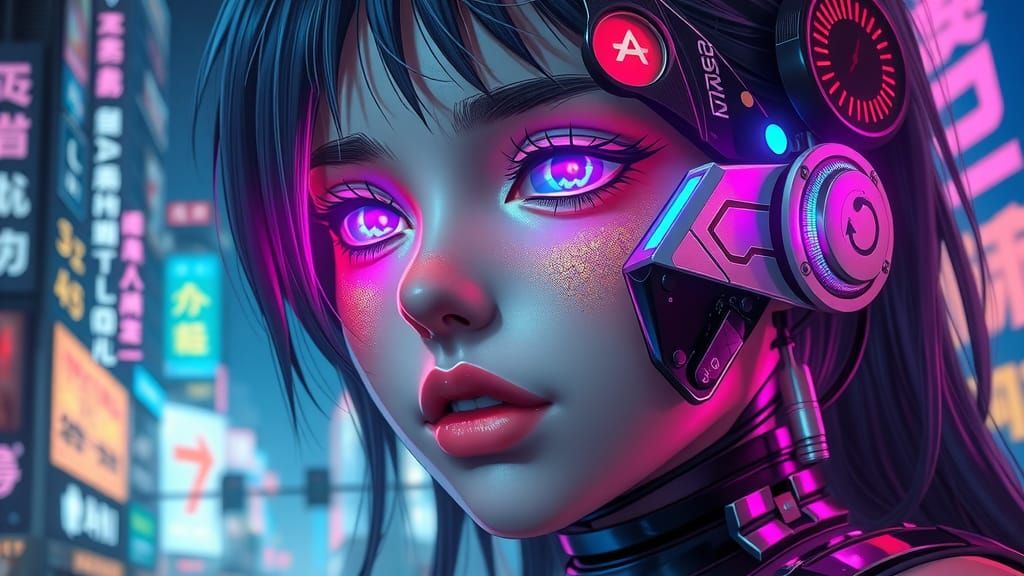Cyberpunk Girl with Electronic Implants and Neon Lights