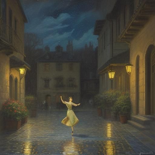 Night Plaza Dance: Impressionist Oil Painting