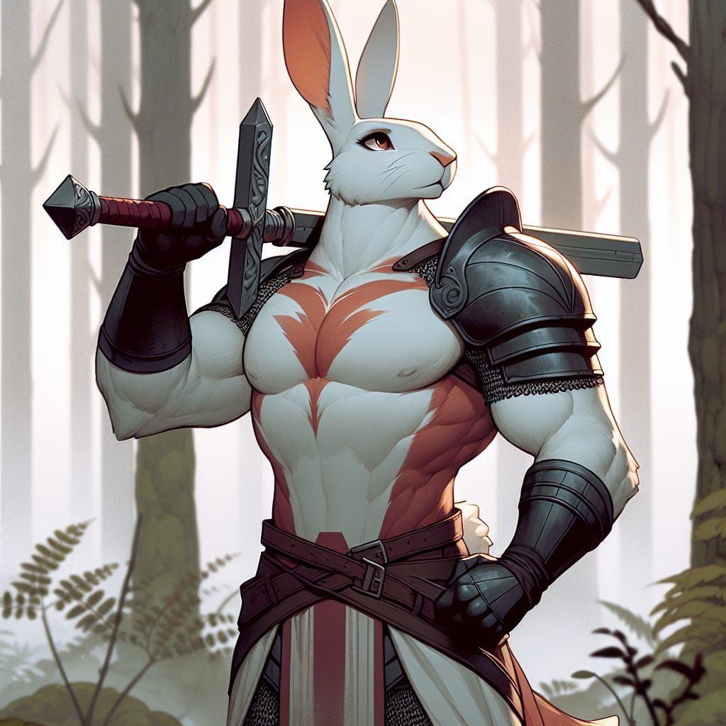 Rabbit Knight in Misty Forest, Comic Book Art