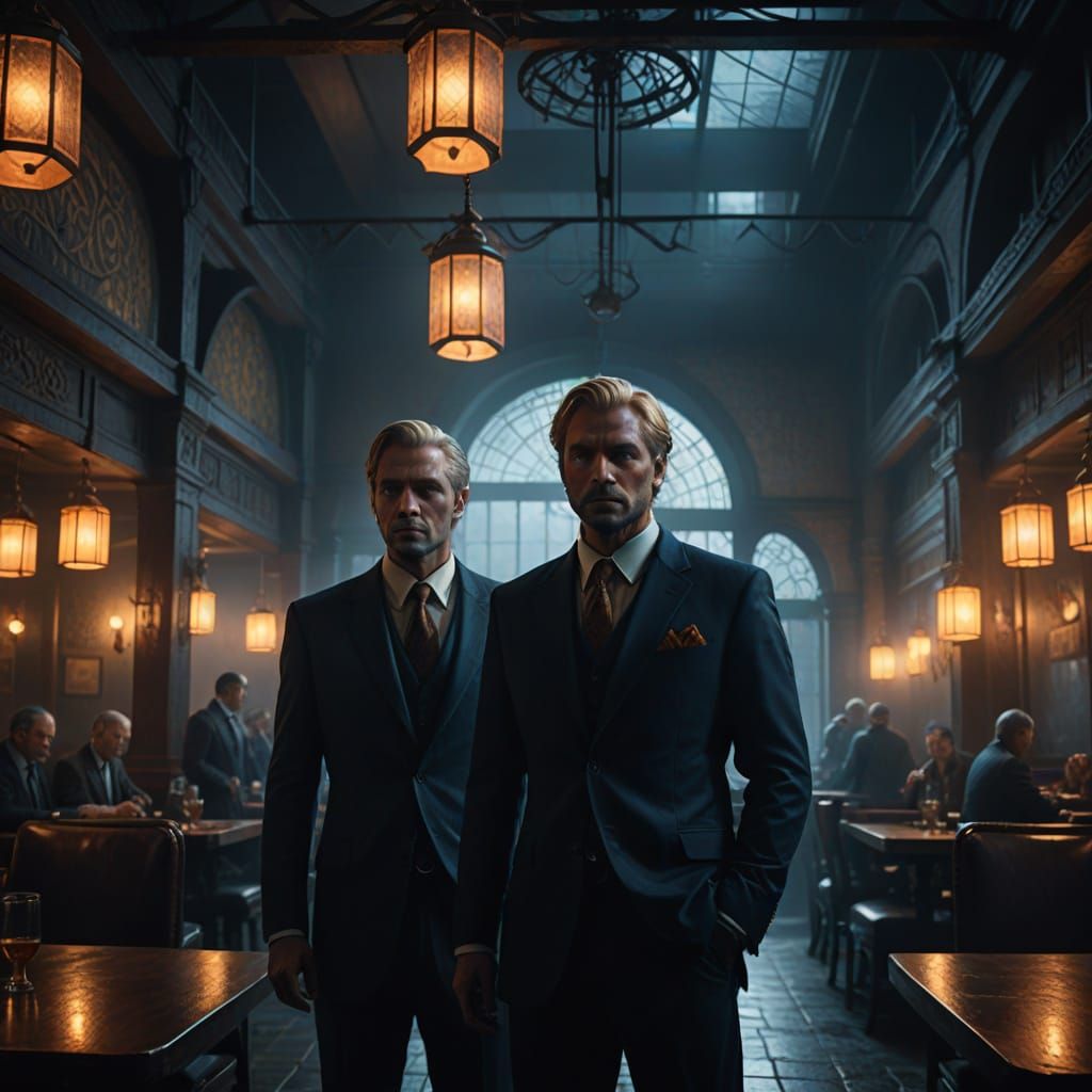 Two Blond Men in Suits Under Golden Hour in a Dimly Lit Rest...