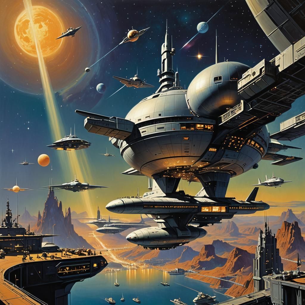 Retro Space Station Scene in 1940s Sci-Fi Style