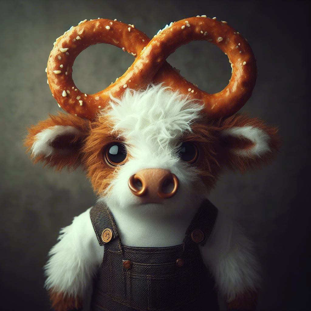 Adorable Fluffy Cow with Pretzel Horns in 3D