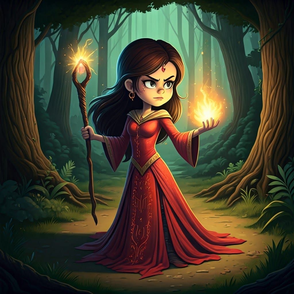 Envision Lynn Loud from The Loud House as a powerful sorceress, clad in a vibrant red dress adorned with intricate, glow...