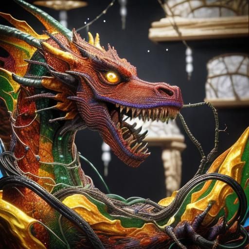 Wire Dragon Sculpture with Luminescent Scales